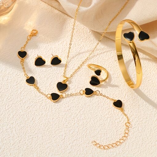 5pcs Lucky Love Jewelry Set – Necklace, Bracelet, Earrings, Ring | Zinc Alloy & Resin Accents | Perfect Gift for Best Friends & More