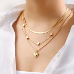 3pcs Golden Heart Charm Necklace Set – Multi-Layer Adjustable Design for Daily & Party Wear