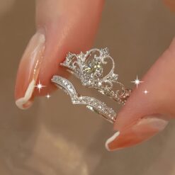 Elegant Crown Princess Rhinestone Ring Set – Adjustable 2-Piece Jewelry for Special Occasions