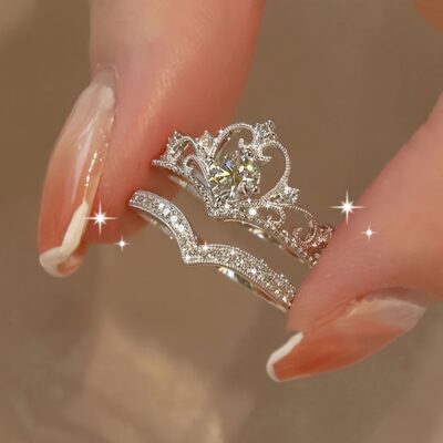 Elegant Crown Princess Rhinestone Ring Set – Adjustable 2-Piece Jewelry for Special Occasions