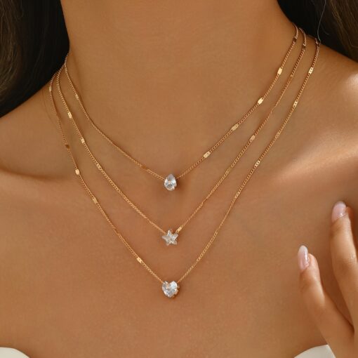 Elegant Multi-Layer Gold Necklace for Women with Star, Heart, and Teardrop Rhinestone Charms
