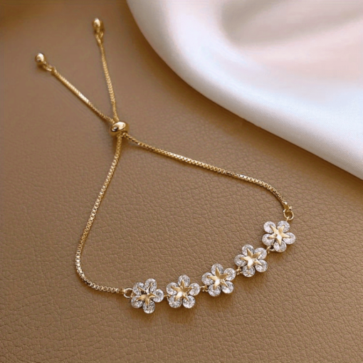 Elegant Adjustable Flower Charm Bracelet - Durable Alloy Beaded Chain, Perfect Fashion Accessory for Casual Wear & Parties - Image 4