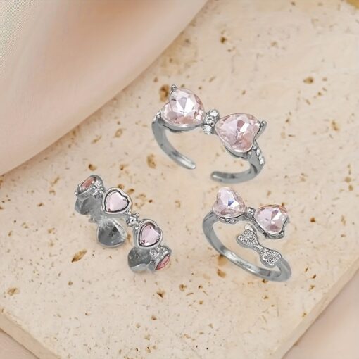 Set of 3 Y2K-Inspired Adjustable Heart & Bow Rings - Elegant Alloy Open Design, Perfect for Trendy Everyday Wear - Image 5