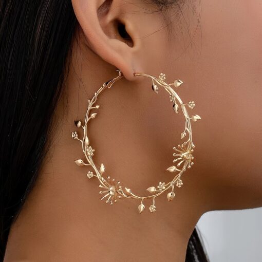 14K Gold-Plated Floral Leaf Hoop Earrings – Boho Chic for All Occasions - Image 3