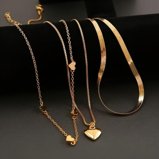 3pcs Golden Heart Charm Necklace Set – Multi-Layer Adjustable Design for Daily & Party Wear - Image 2