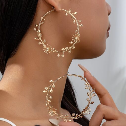 14K Gold-Plated Floral Leaf Hoop Earrings – Boho Chic for All Occasions