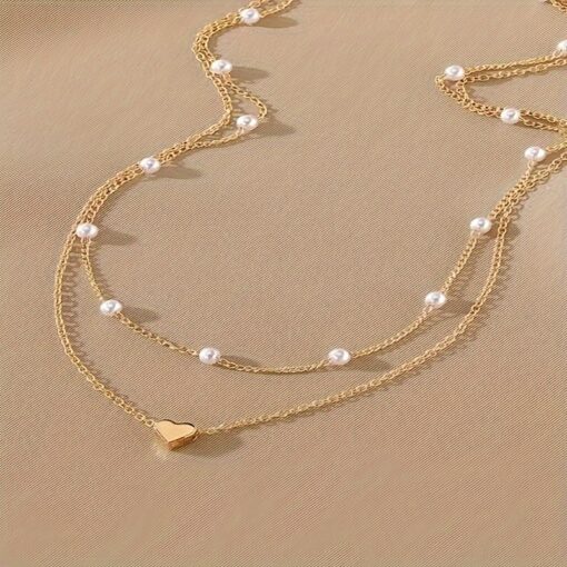 Elegant Multi-Strand Pearl & Heart Charm Necklace Set for Women – Stylish Layered Design for Daily Wear & Special Occasions - Image 3