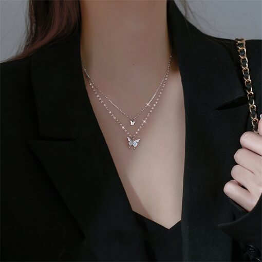Double Layer Butterfly Pendant Necklace - Elegant Alloy Clavicle Chain - Image 2