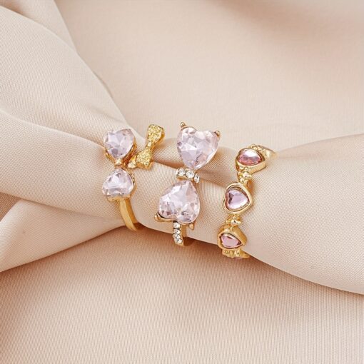 Set of 3 Y2K-Inspired Adjustable Heart & Bow Rings - Elegant Alloy Open Design, Perfect for Trendy Everyday Wear - Image 2