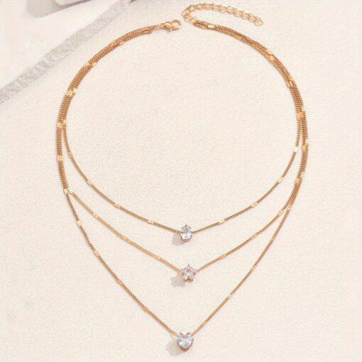 Elegant Multi-Layer Gold Necklace for Women with Star, Heart, and Teardrop Rhinestone Charms - Image 4