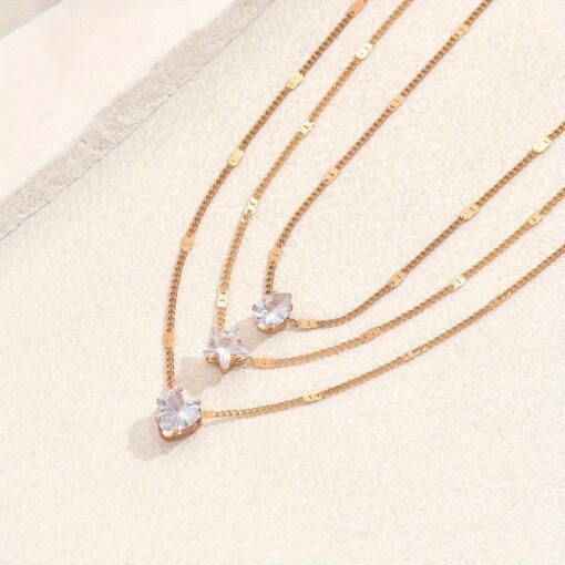 Elegant Multi-Layer Gold Necklace for Women with Star, Heart, and Teardrop Rhinestone Charms - Image 3