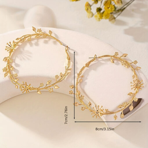 14K Gold-Plated Floral Leaf Hoop Earrings – Boho Chic for All Occasions - Image 4