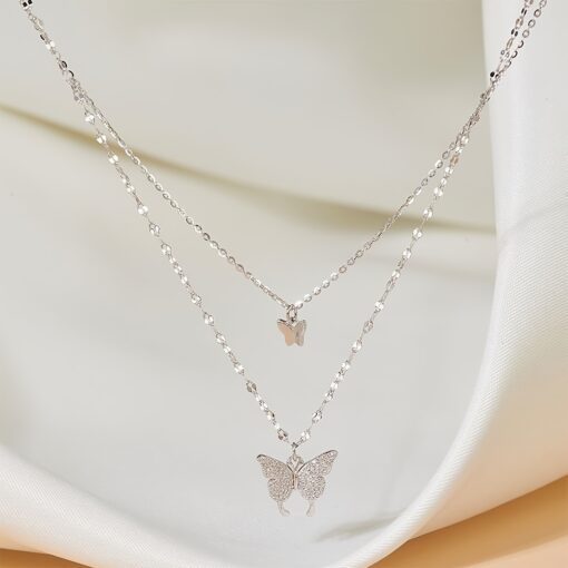 Double Layer Butterfly Pendant Necklace - Elegant Alloy Clavicle Chain - Image 4