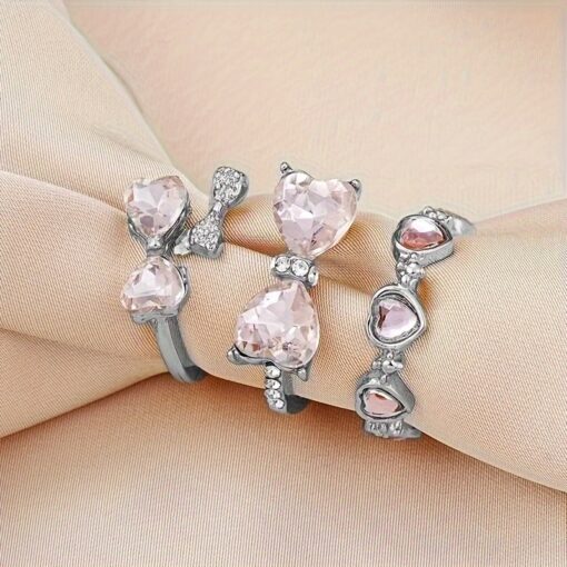 Set of 3 Y2K-Inspired Adjustable Heart & Bow Rings - Elegant Alloy Open Design, Perfect for Trendy Everyday Wear