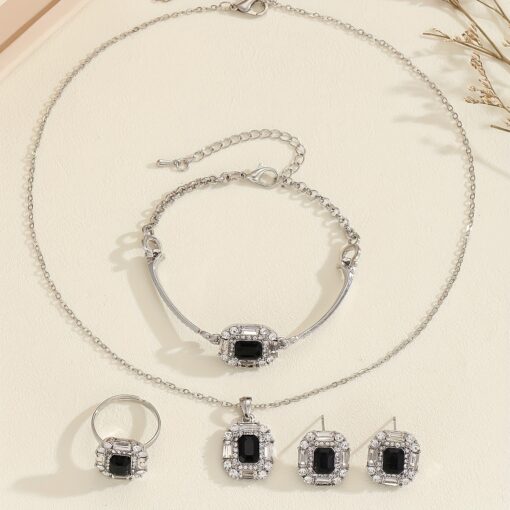 Bohemian Black Geometric Square Jewelry Set - 5pcs Necklace, Earrings, Bracelet, Ring for Daily Wear & Party Gifts - Image 3