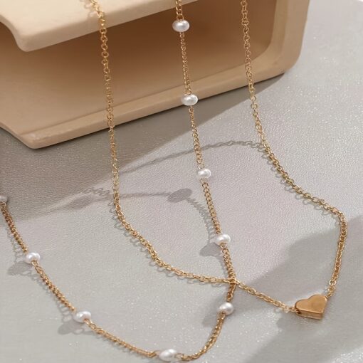 Elegant Multi-Strand Pearl & Heart Charm Necklace Set for Women – Stylish Layered Design for Daily Wear & Special Occasions - Image 4