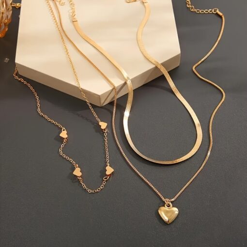 3pcs Golden Heart Charm Necklace Set – Multi-Layer Adjustable Design for Daily & Party Wear - Image 3