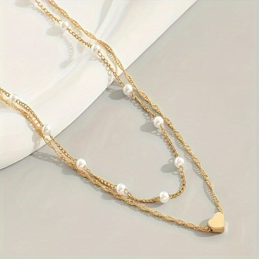 Elegant Multi-Strand Pearl & Heart Charm Necklace Set for Women – Stylish Layered Design for Daily Wear & Special Occasions - Image 5