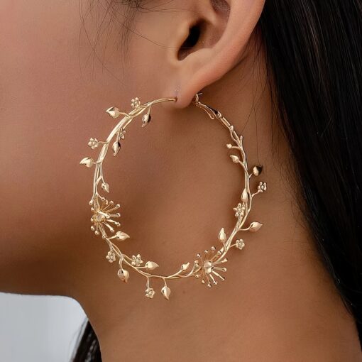 14K Gold-Plated Floral Leaf Hoop Earrings – Boho Chic for All Occasions - Image 2