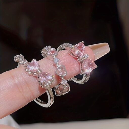 Set of 3 Y2K-Inspired Adjustable Heart & Bow Rings - Elegant Alloy Open Design, Perfect for Trendy Everyday Wear - Image 6