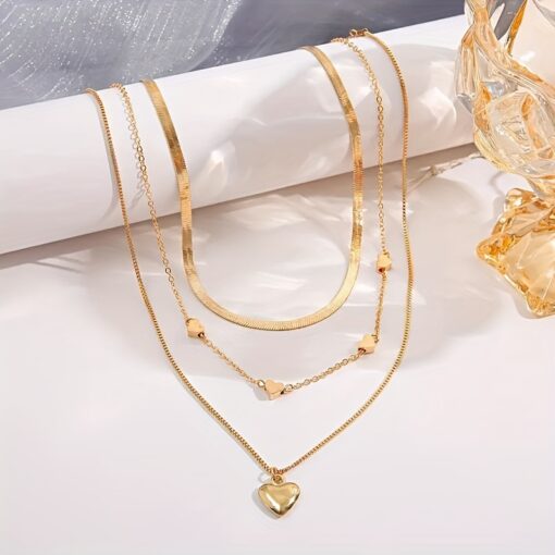 3pcs Golden Heart Charm Necklace Set – Multi-Layer Adjustable Design for Daily & Party Wear - Image 4