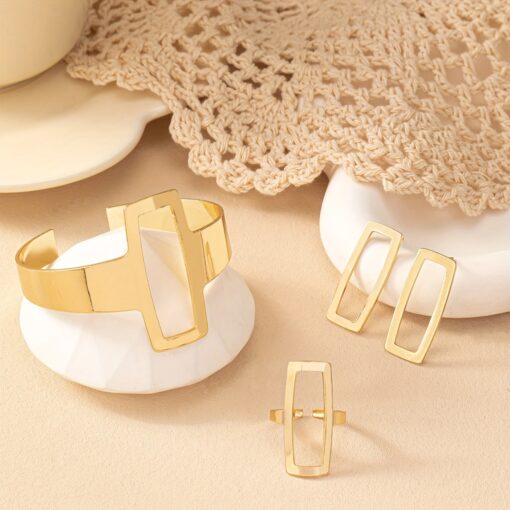 Geometric Hollow Square Jewelry Set – Retro Style Bangle, Earrings, and Ring for Women - Image 2