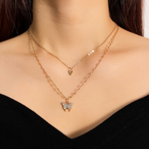 Elegant Double-Layer Butterfly Pendant Necklace with Rhinestones – Vintage Minimalist Design for Casual & Party Wear