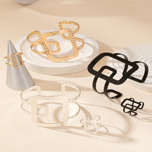 Chic Geometric Jewelry Set for Women – Golden, Black & Silver Thick Iron Rings with Open-Ended Bracelet & Ring - Image 2