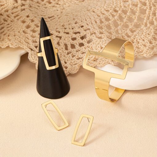 Geometric Hollow Square Jewelry Set – Retro Style Bangle, Earrings, and Ring for Women - Image 3