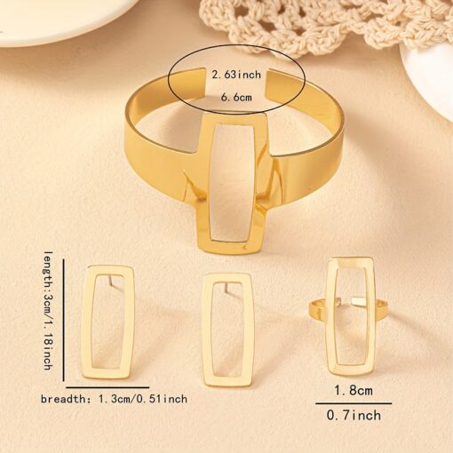 Geometric Hollow Square Jewelry Set – Retro Style Bangle, Earrings, and Ring for Women - Image 4