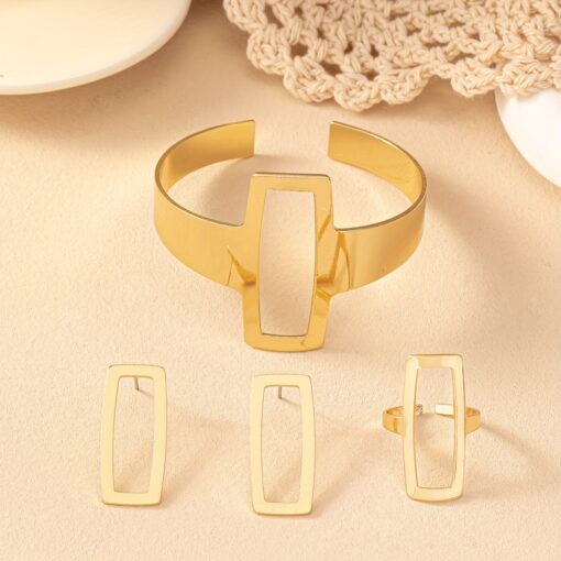 Geometric Hollow Square Jewelry Set – Retro Style Bangle, Earrings, and Ring for Women - Image 5