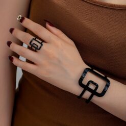 Chic Geometric Jewelry Set for Women – Golden, Black & Silver Thick Iron Rings with Open-Ended Bracelet & Ring