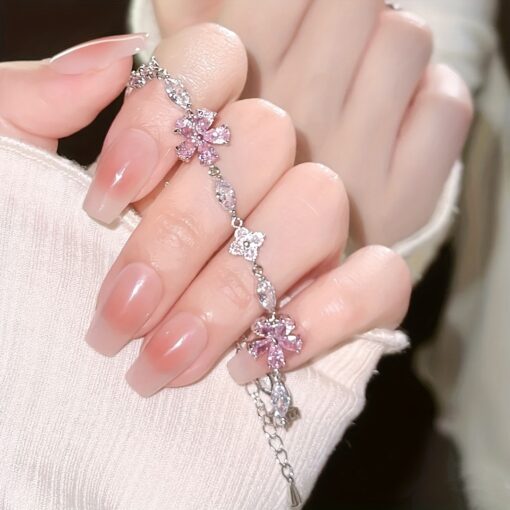 Elegant Pink Peony Bracelet with Faux Zirconia - Stylish Alloy Jewelry Gift for Girls & Best Friends - Image 2