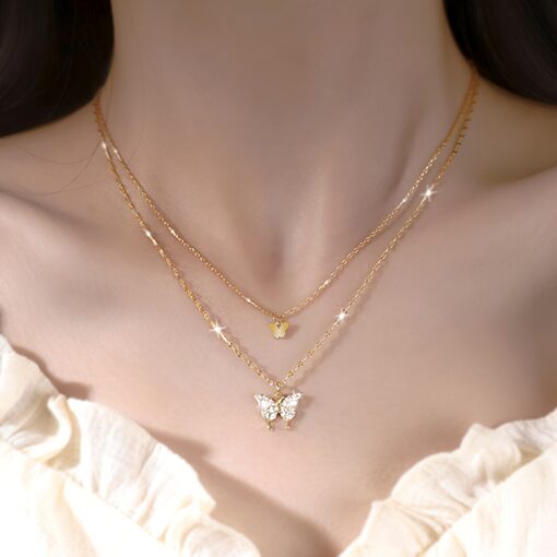 Elegant Double-Layer Butterfly Pendant Necklace with Rhinestones – Vintage Minimalist Design for Casual & Party Wear - Image 2