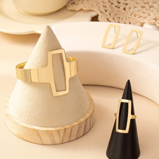 Geometric Hollow Square Jewelry Set – Retro Style Bangle, Earrings, and Ring for Women - Image 6