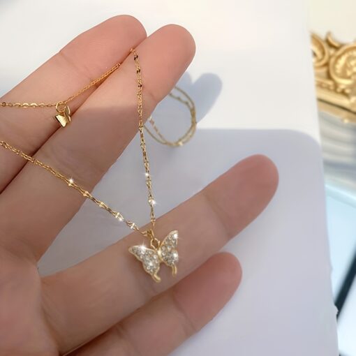 Elegant Double-Layer Butterfly Pendant Necklace with Rhinestones – Vintage Minimalist Design for Casual & Party Wear - Image 4