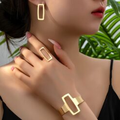 Geometric Hollow Square Jewelry Set – Retro Style Bangle, Earrings, and Ring for Women