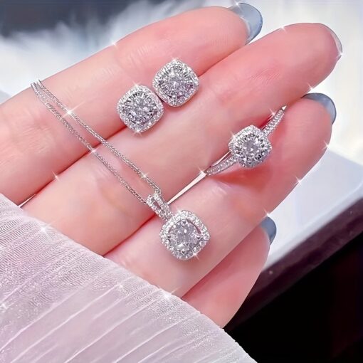 4pcs Elegant Jewelry Set - Necklace, Earrings, Ring with Shiny Design, Perfect for Parties