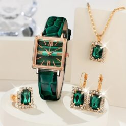 Elegant Green Quartz Watch & Rhinestone Jewelry Set – PU Leather Strap & Alloy Dial – Perfect Eid Gift for Women