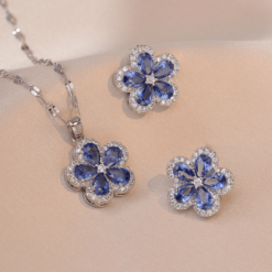 Elegant 3-Piece Blue Flower Jewelry Set – Necklace & Earrings for Weddings, Parties & Gifts