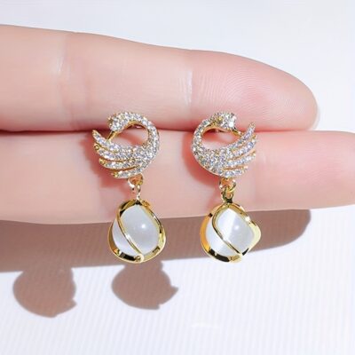 Elegant Swan Pendant Earrings - 14k Golden Plated Alloy with Resin Accents, Perfect for Birthday & New Year Gifts