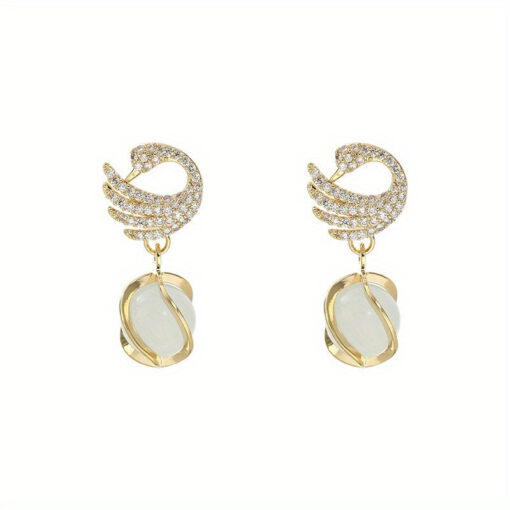 Elegant Swan Pendant Earrings - 14k Golden Plated Alloy with Resin Accents, Perfect for Birthday & New Year Gifts - Image 6