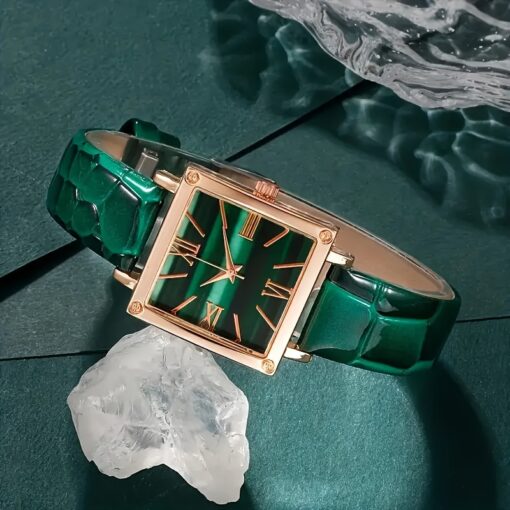 Elegant Green Quartz Watch & Rhinestone Jewelry Set – PU Leather Strap & Alloy Dial – Perfect Eid Gift for Women - Image 3