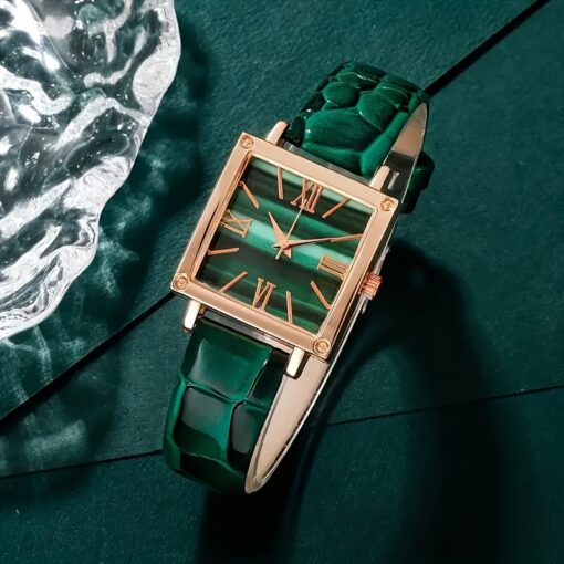 Elegant Green Quartz Watch & Rhinestone Jewelry Set – PU Leather Strap & Alloy Dial – Perfect Eid Gift for Women - Image 2