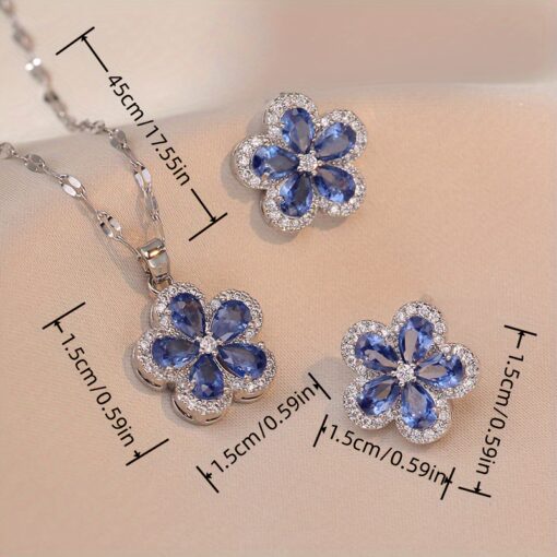 Elegant 3-Piece Blue Flower Jewelry Set – Necklace & Earrings for Weddings, Parties & Gifts - Image 7