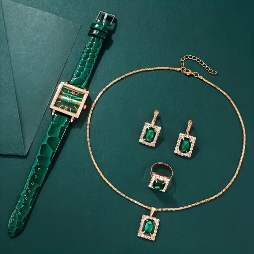 Elegant Green Quartz Watch & Rhinestone Jewelry Set – PU Leather Strap & Alloy Dial – Perfect Eid Gift for Women - Image 4