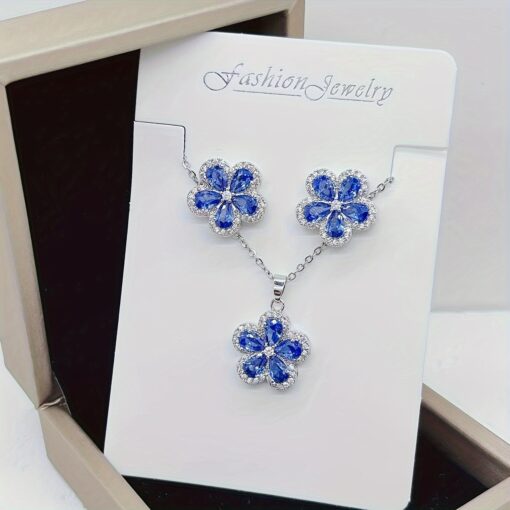 Elegant 3-Piece Blue Flower Jewelry Set – Necklace & Earrings for Weddings, Parties & Gifts - Image 5